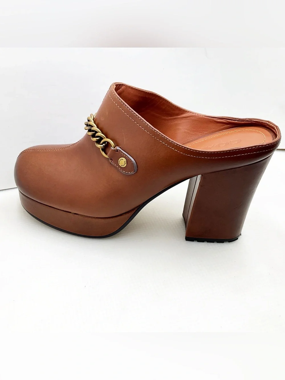 {Coach} Leather Chain-Detail Platform Mules
